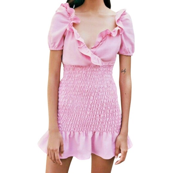 ZARA Pink Linen Blend Mini Dress Ruffle Smocked Bodice Womens Size Large - Picture 1 of 12